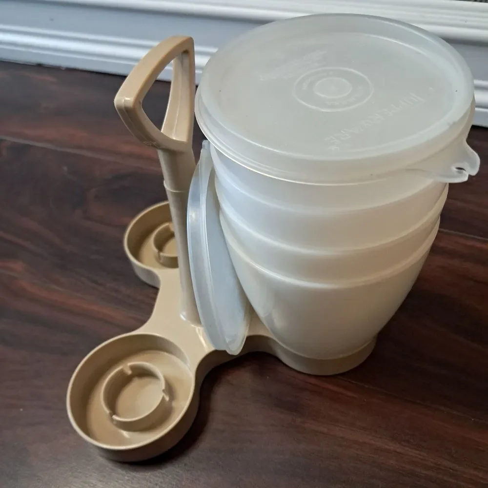 Vintage Tupperware Condiment Caddy‎ #757 Set 4 Cups, 2 Lids - Clear Cups